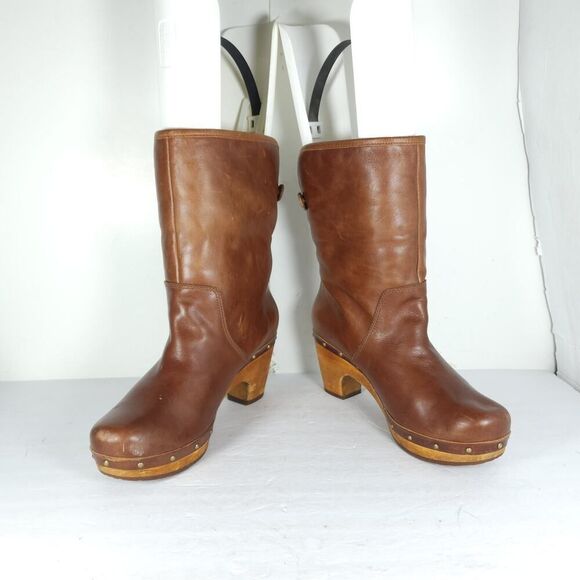 UGG Women's Lynnea US 7 Fold Over Leather Brown Shearling Cuff Clog Boot - Picture 5 of 16